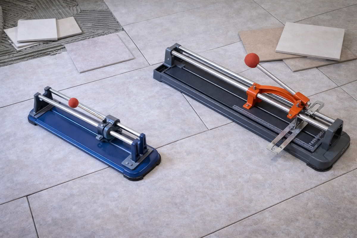 Manual tile cutters of different sizes positioned with ceramic and porcelain tiles for flooring and wall installation