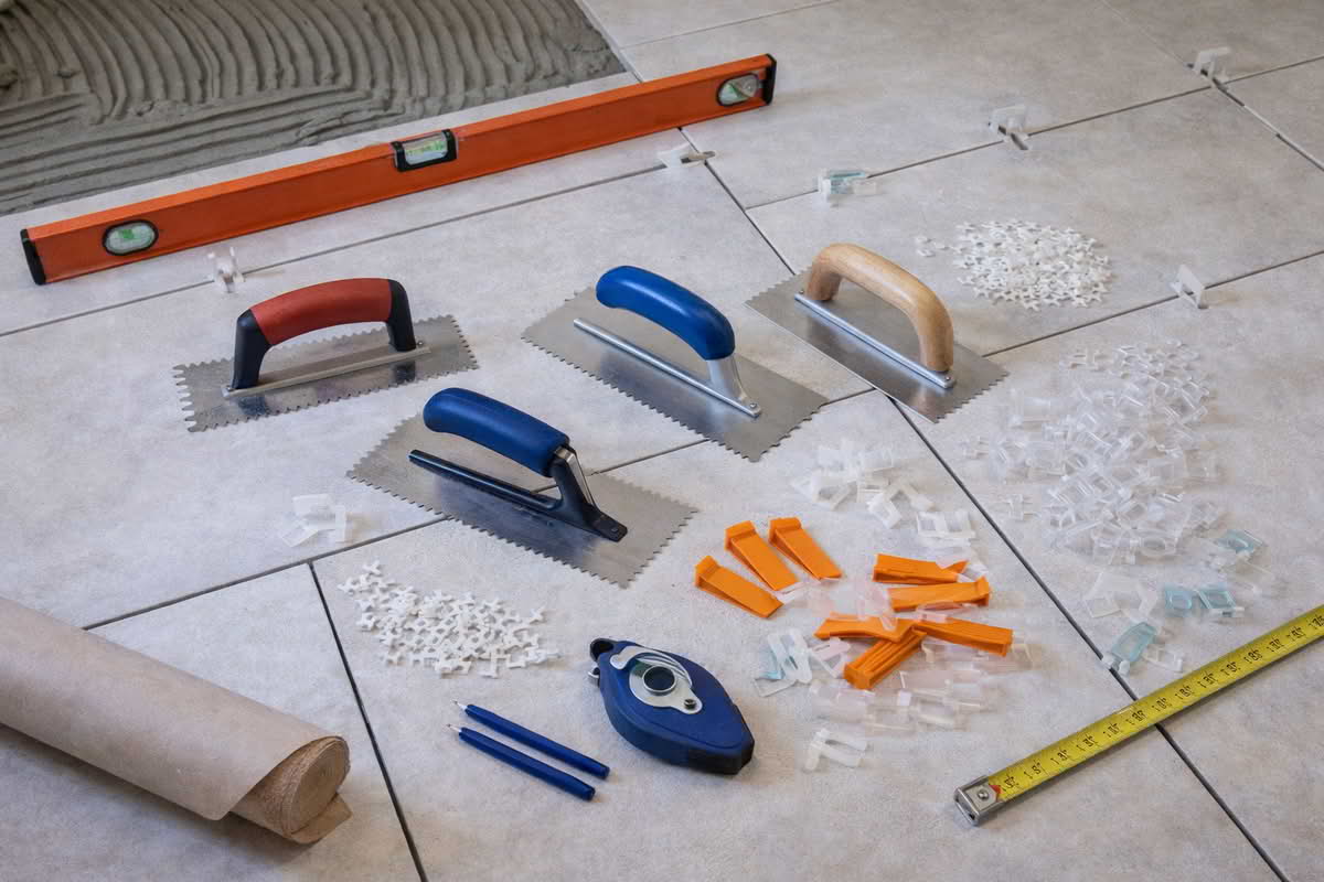 Tile installation tools including trowels, spacers, leveling clips, and layout accessories arranged beside floor tile