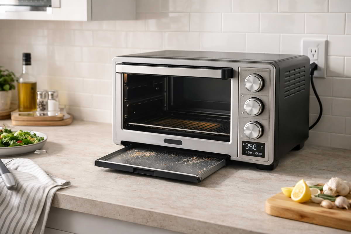A toaster oven positioned on a real kitchen counter with visible prep space around it, a nearby outlet, and a removable crumb tray partially extended for cleaning access