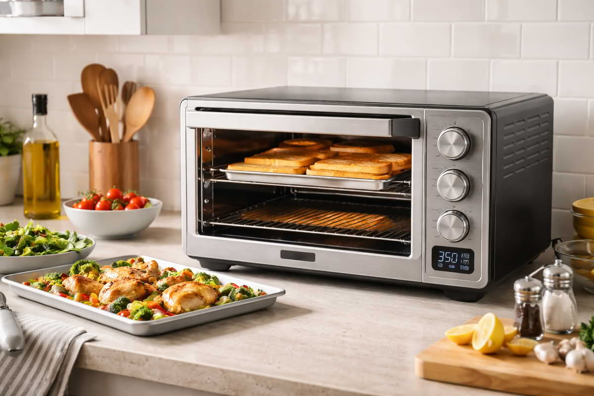 A realistic toaster oven on a kitchen counter being used for everyday cooking tasks, with toast on one tray and a small sheet-pan meal nearby in a finished home kitchen