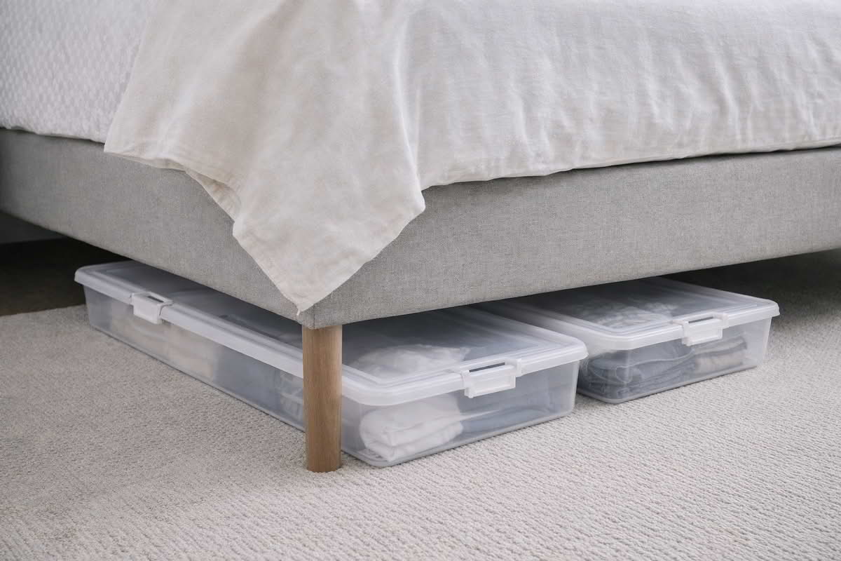 Low-profile under-bed storage containers fitting neatly beneath a bed frame with visible clearance