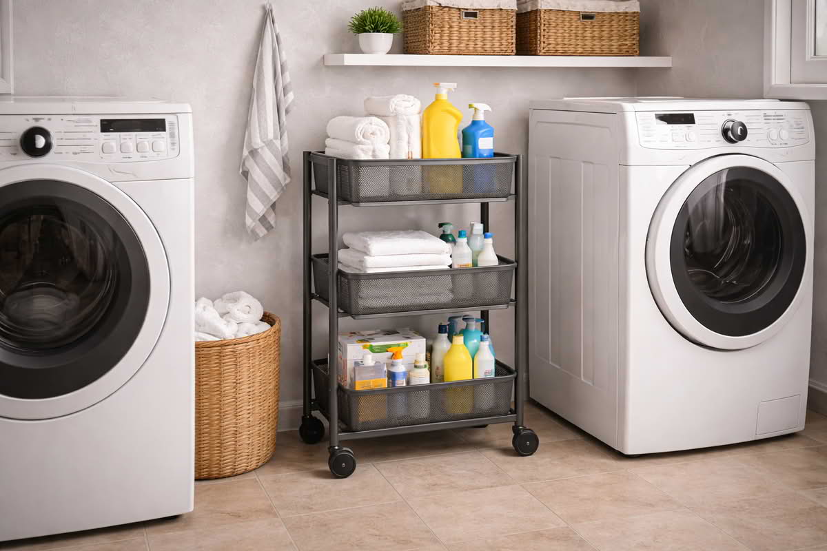 Utility cart fitted beside appliances in a laundry room with enough space for easy access and movement