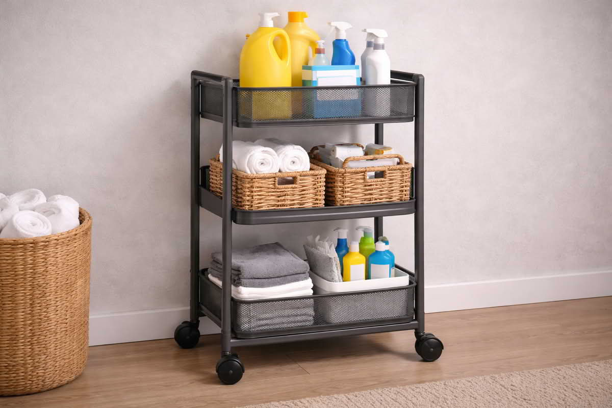Rolling utility cart with organized tiers for bottles, baskets, and folded utility supplies