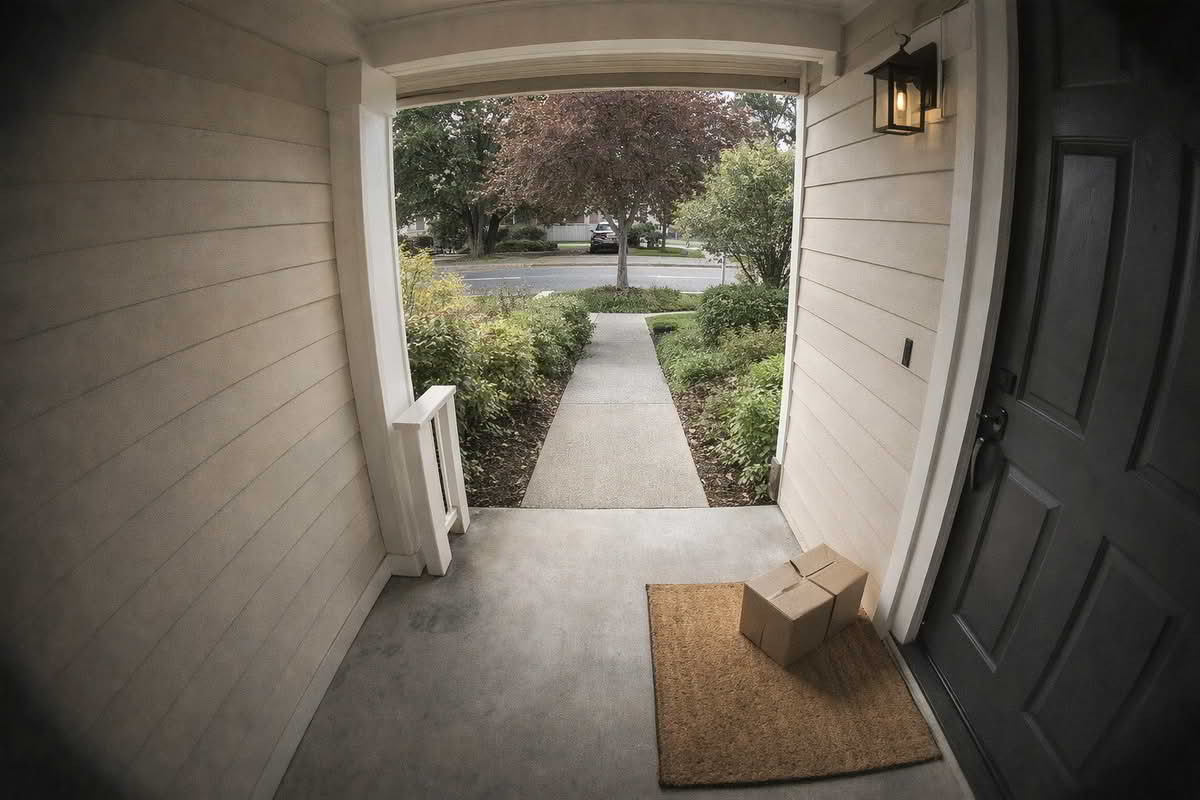 Video doorbell view showing a front porch, approach walkway, and package drop area near the door