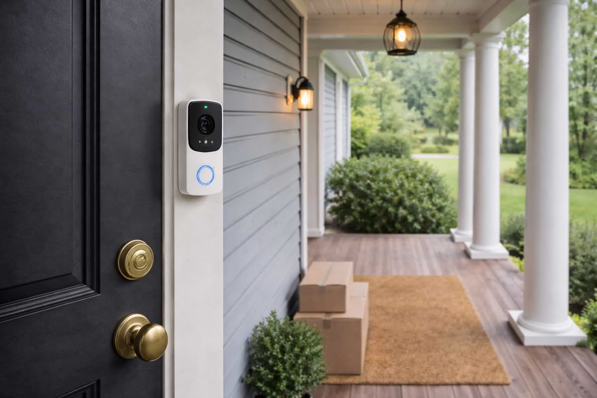Video doorbell mounted at a front entry showing the porch, doorway, and package area