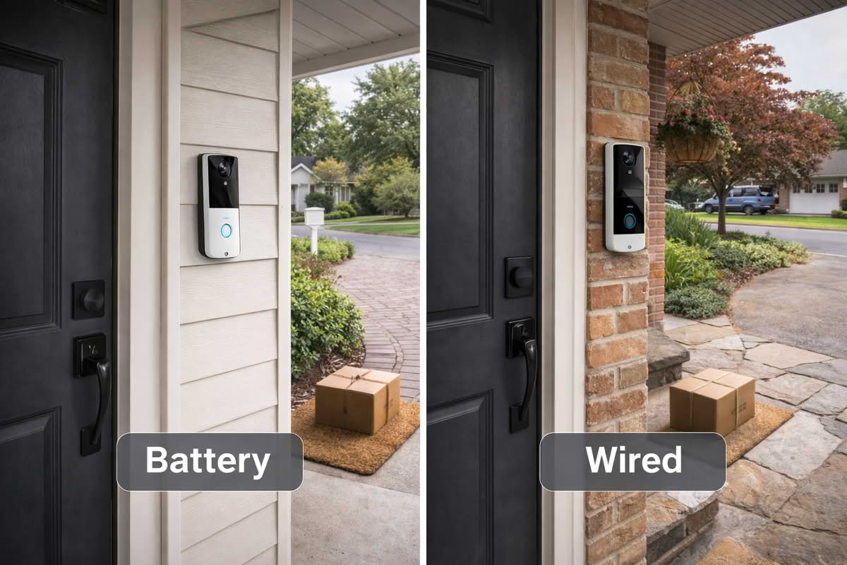 Battery and wired video doorbell options mounted at different front entry locations with package area visibility