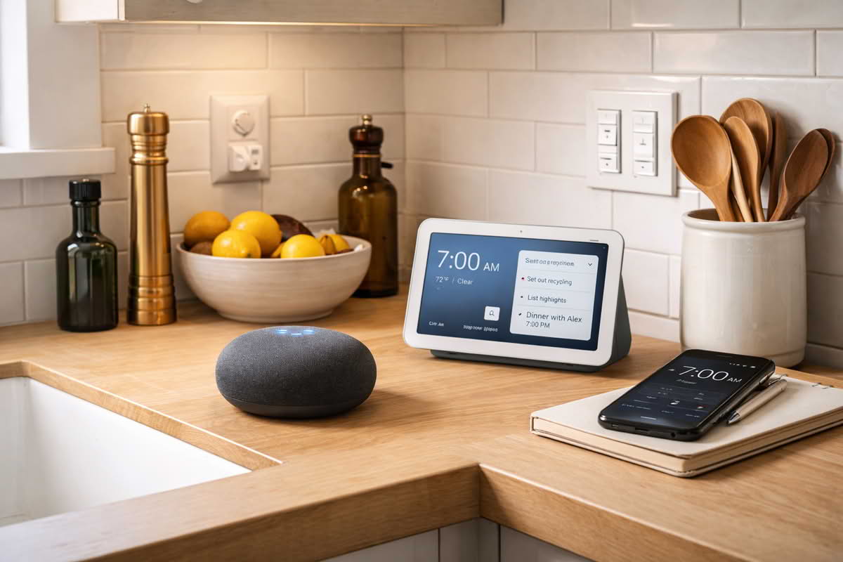 Voice assistant starter setup in a kitchen with a smart speaker, lighting control, and daily household routines