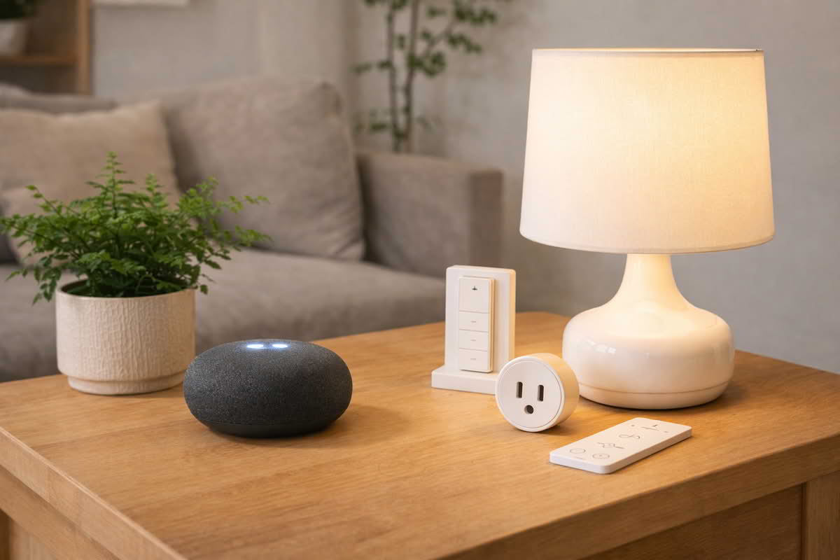 Voice assistant starter setup with a compact smart speaker, smart lamp, and simple room control accessories