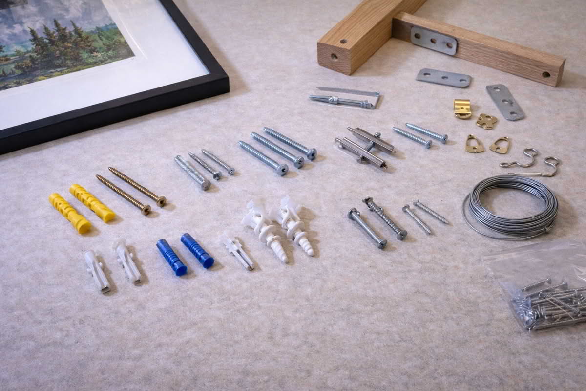 Wall anchors, screws, and hanging hardware laid out beside framed art and shelf-mounting components