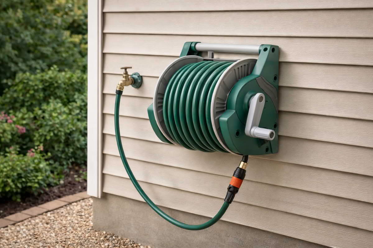 wall mounted hose reel attached to house exterior
