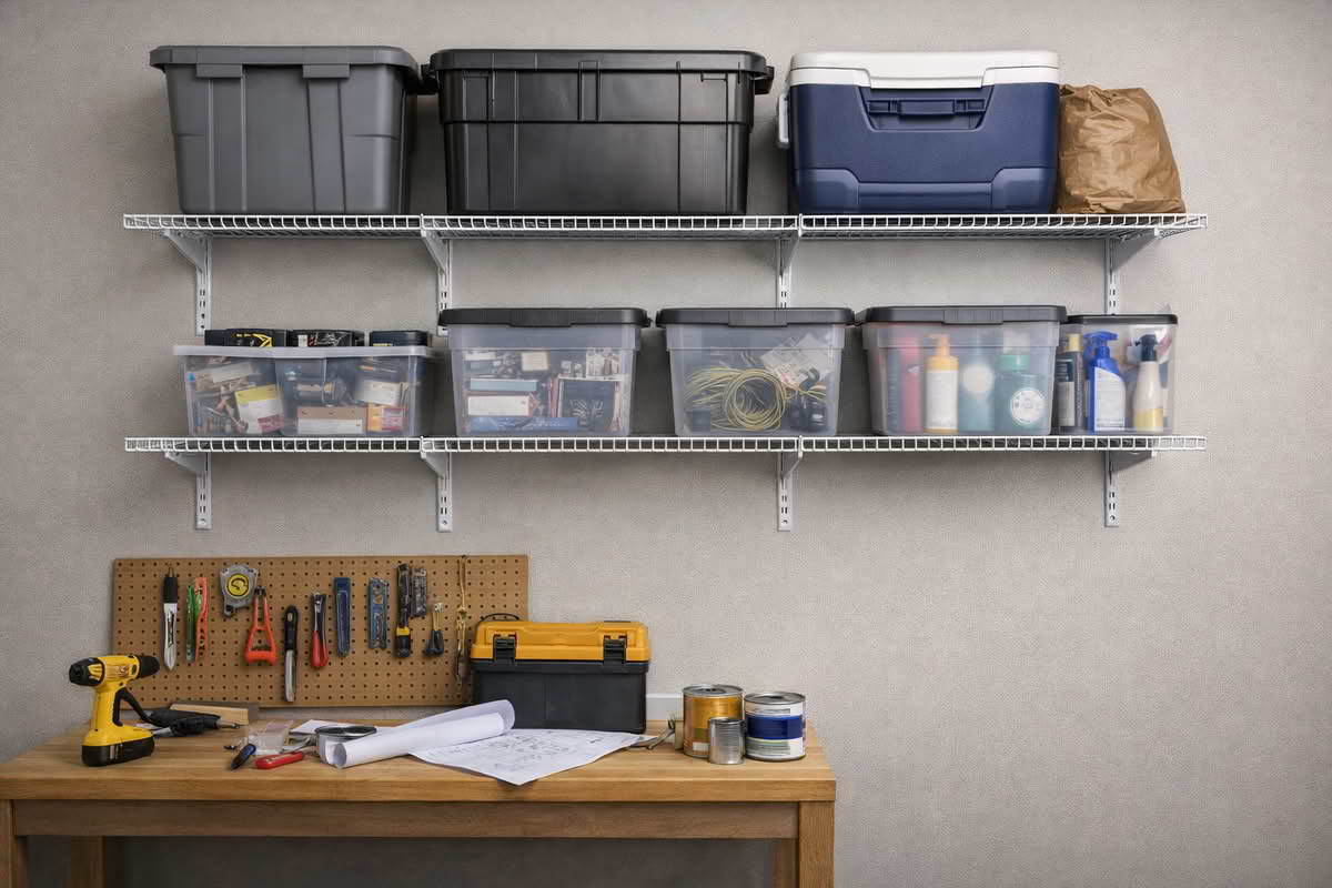 Wall-mounted utility shelving with visible brackets and balanced storage containers in a work area