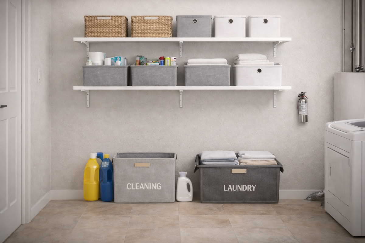 Wall-mounted shelving installed above a utility zone with clear walking space and organized bins