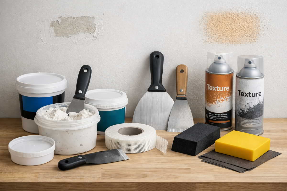 Wall repair materials including filler compounds, patching tools, and texture products arranged for cosmetic wall repair