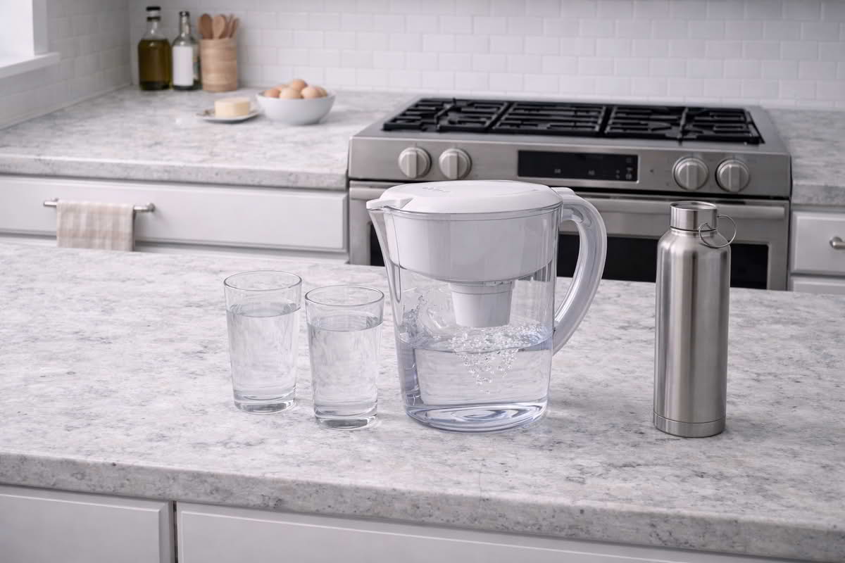 A realistic home kitchen scene showing a water filtration pitcher used for everyday drinking water, filling glasses and a reusable bottle in a finished kitchen setting