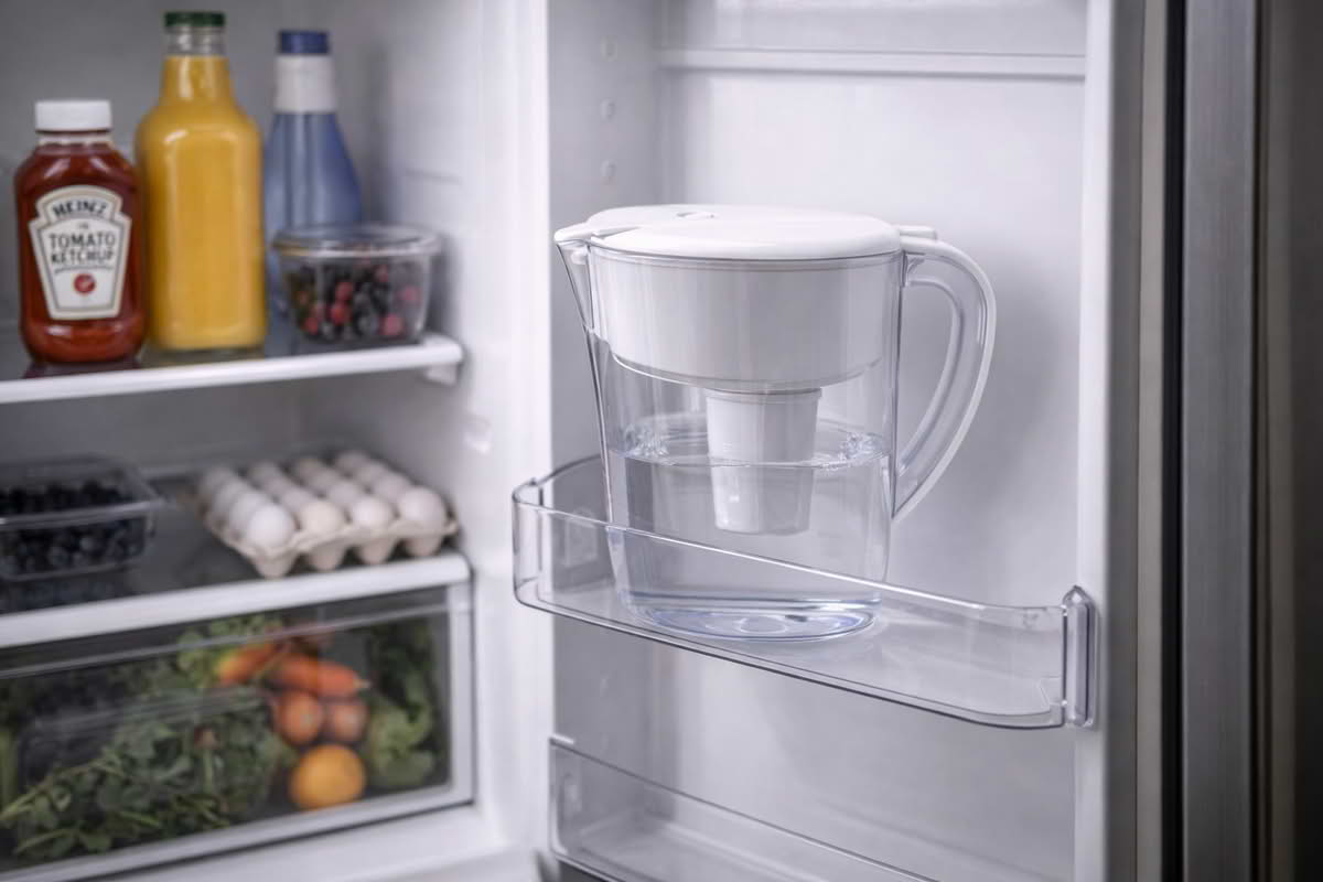 A realistic refrigerator interior showing a water filtration pitcher fitting neatly on a shelf or door space, illustrating practical fridge fit and easy daily access