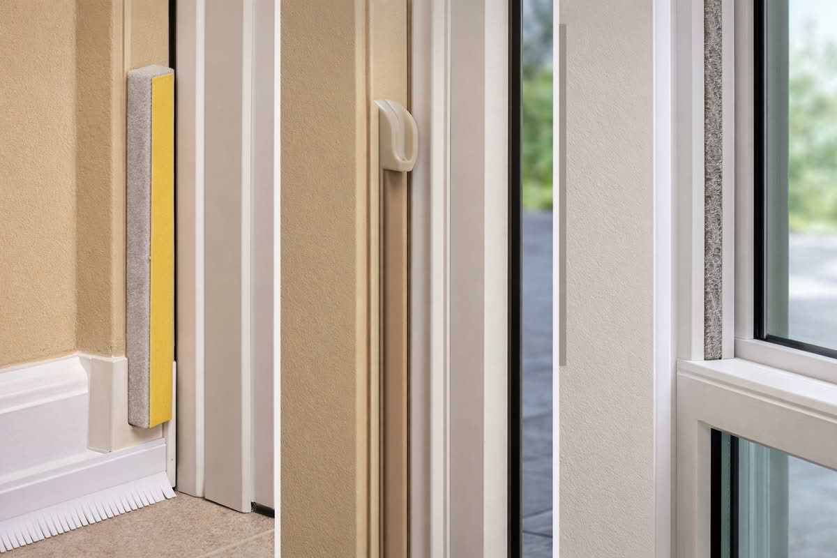 Different weather stripping types installed around a door frame and window edges for draft control