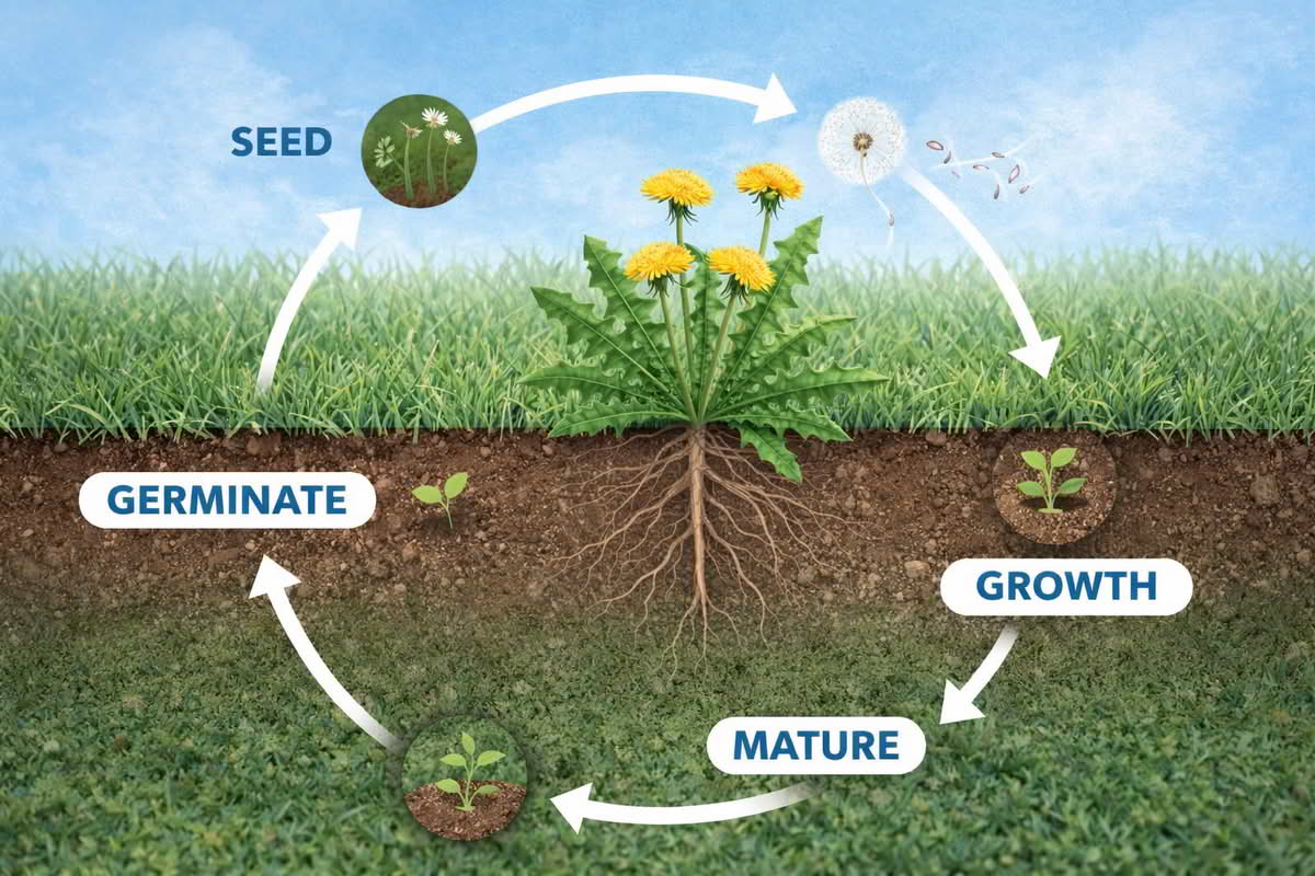 diagram showing weed growth cycle in a lawn environment