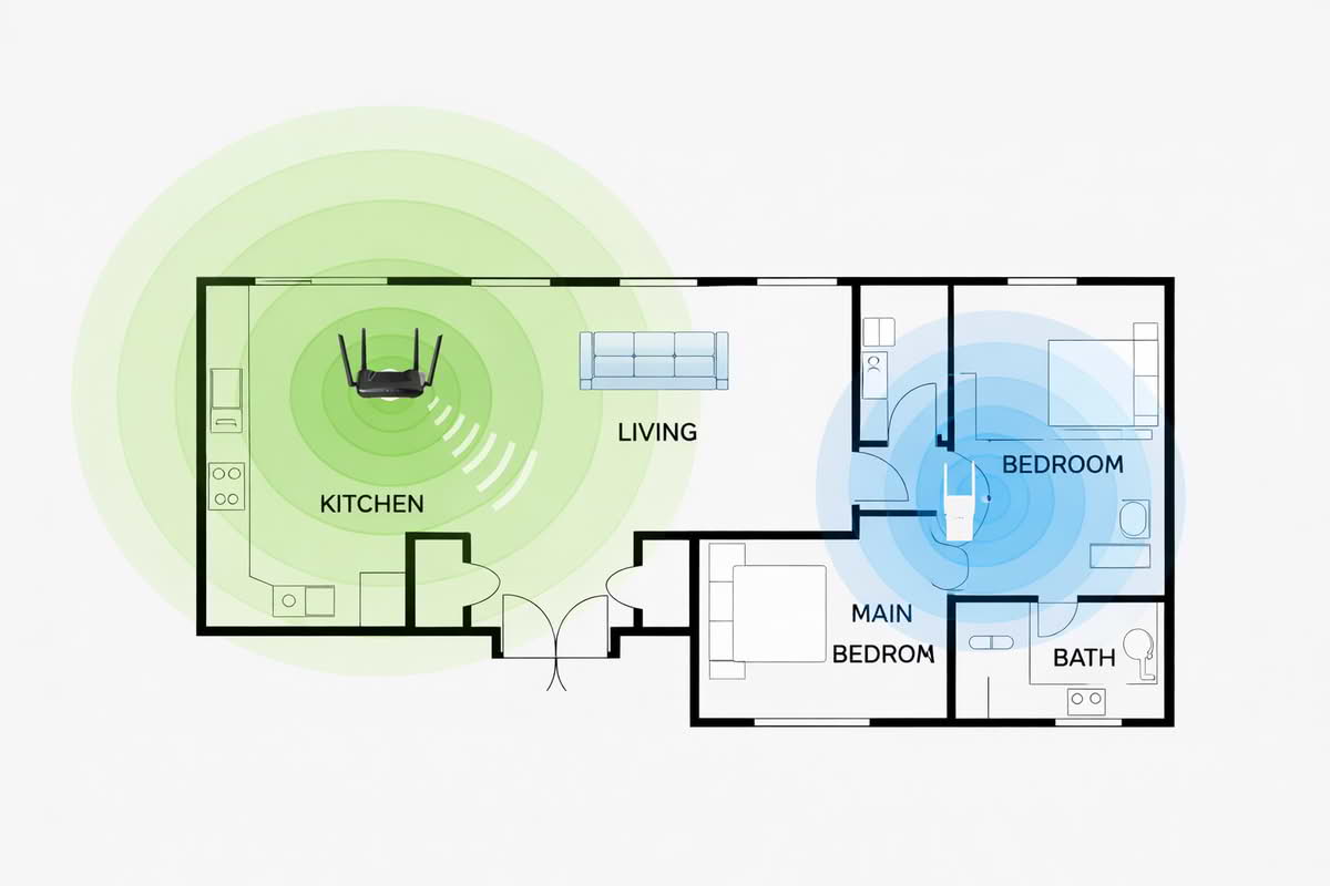 Wi-Fi extender used to improve signal in one weak bedroom and patio area while the rest of the home remains covered by the main router