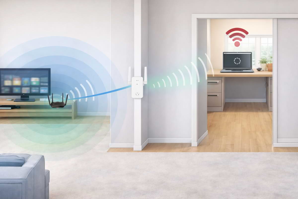 Wi-Fi extender placed in a hallway between the main router and a weak office room to improve signal handoff