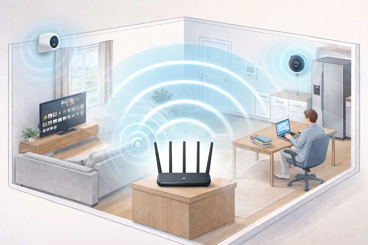 Wi-Fi router upgrade improving signal for laptops, streaming devices, and smart-home hardware in a modest-size home