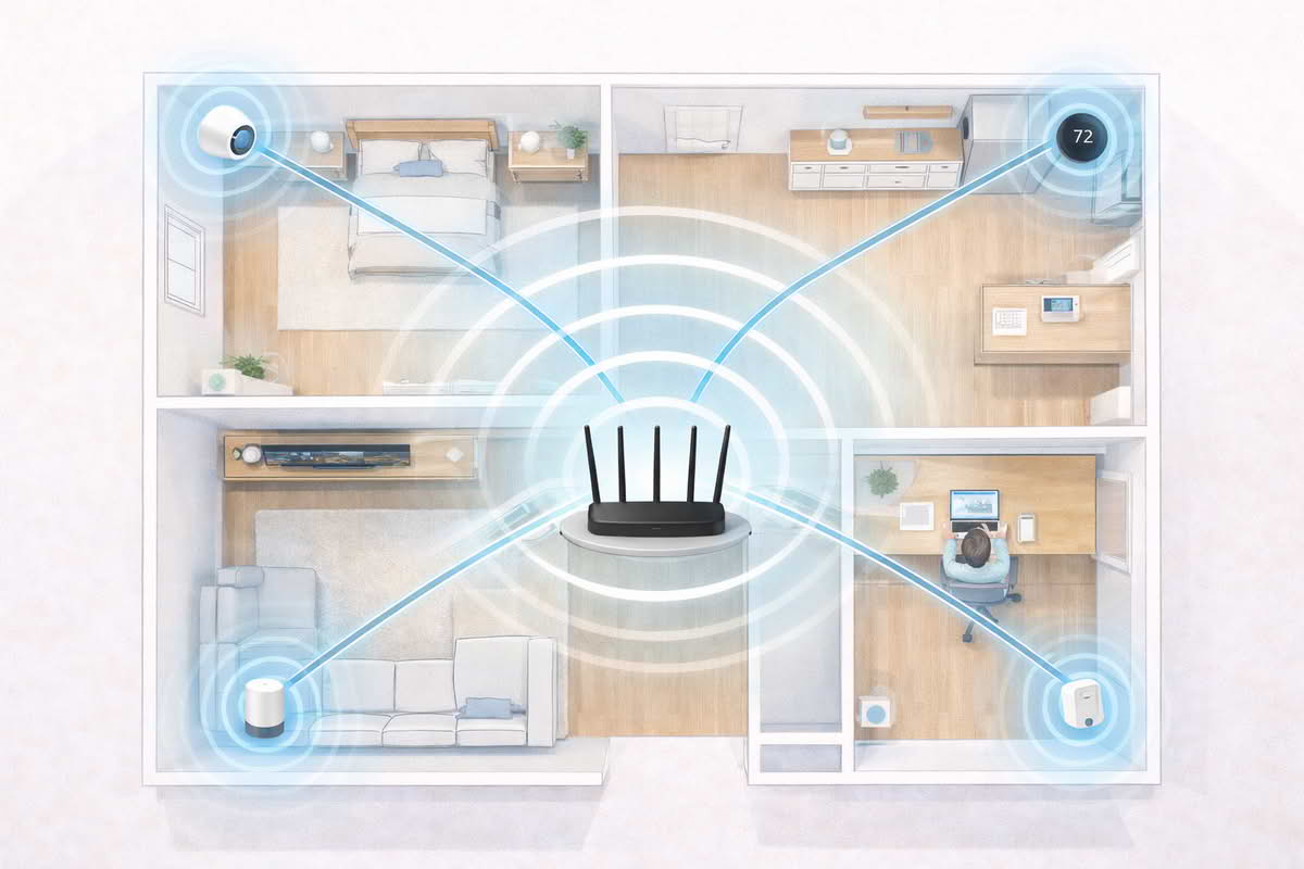 Wi-Fi router placed in a central home location serving laptops, TVs, smart speakers, and connected home devices