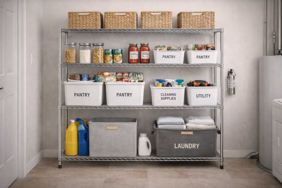 Wire shelving used in a pantry and utility room with clear spacing for baskets and labeled bins