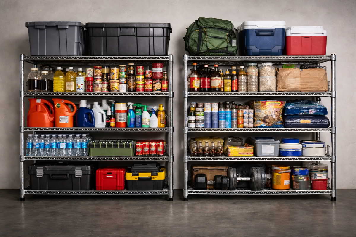 Wire shelving loaded with storage bins, pantry goods, and household supplies in a utility space