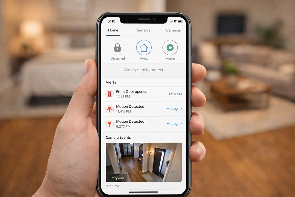 Wireless home security system app showing arming modes, sensor alerts, and camera events