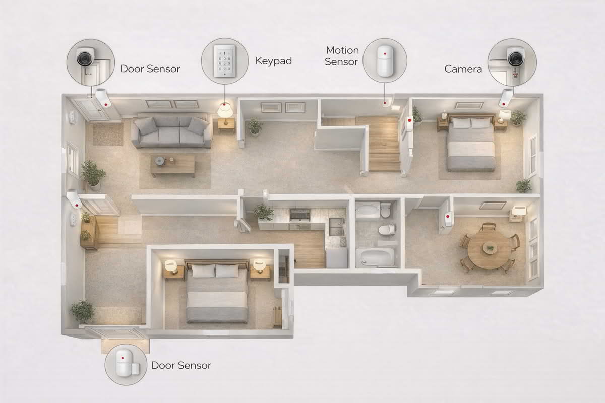 Wireless home security system layout showing door sensors, motion sensor, keypad, and camera placement in a home