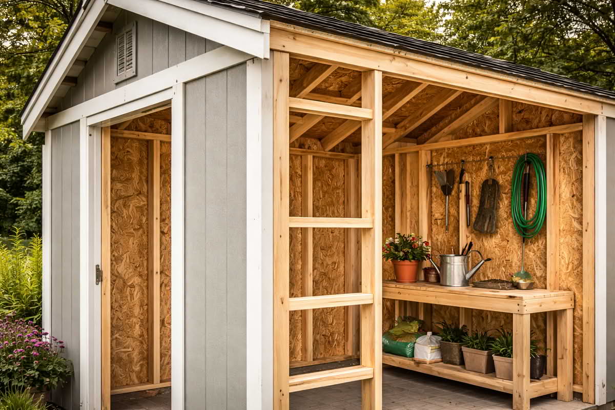 Wood garden shed showing framing and exterior panel construction