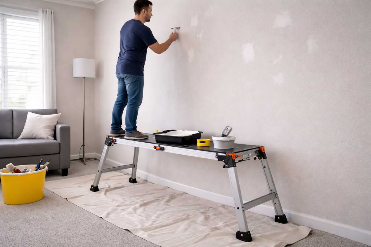 A folding work platform set up indoors while a homeowner paints and patches a wall during a room project
