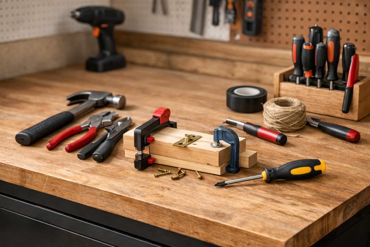 A garage workbench with hand tools, clamps, and a small repair project arranged across a sturdy work surface