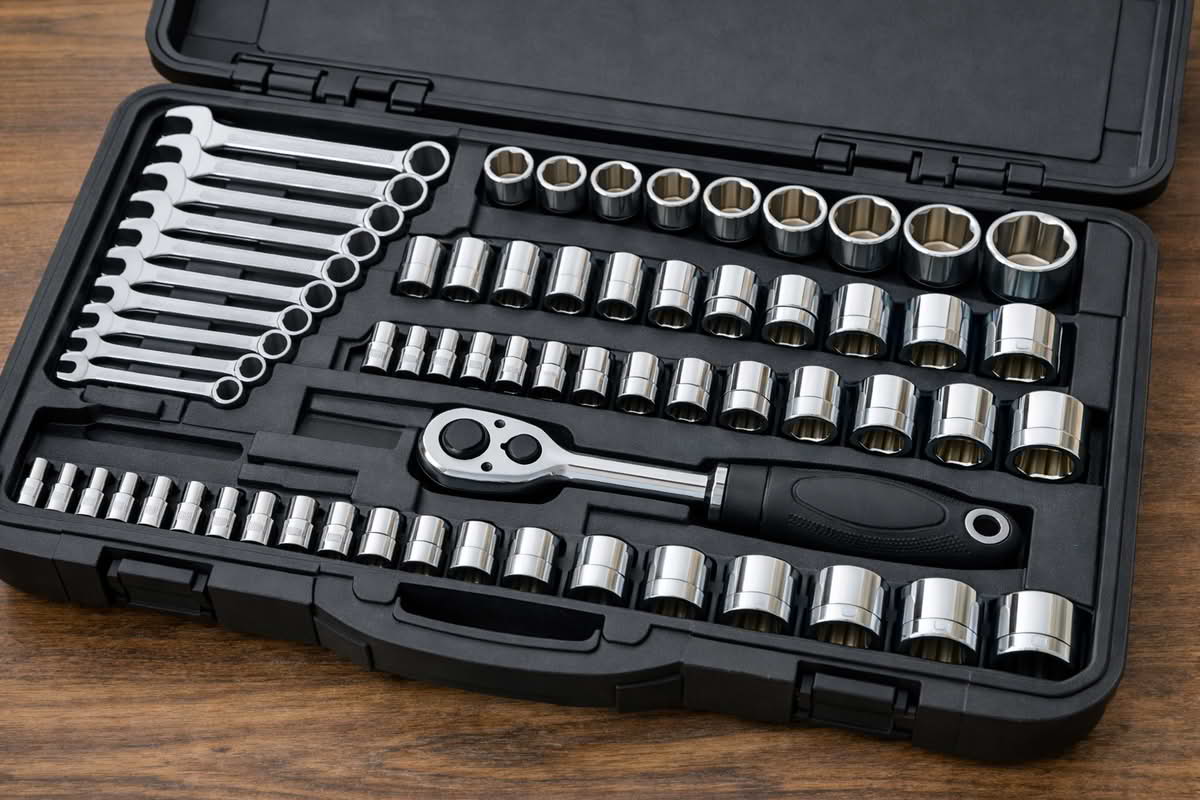A wrench and socket set opened in its case with ratchet, extensions, combination wrenches, and a range of marked socket sizes arranged in order